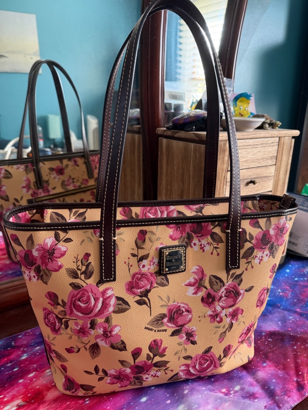 Dooney & Bourke Pink Rose Print Tote with Brown Trim